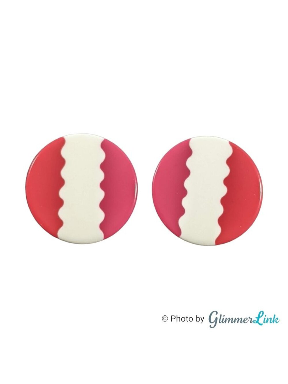 Vintage 1980s Pink Red White Disc Earrings Wavy Stripe 1"